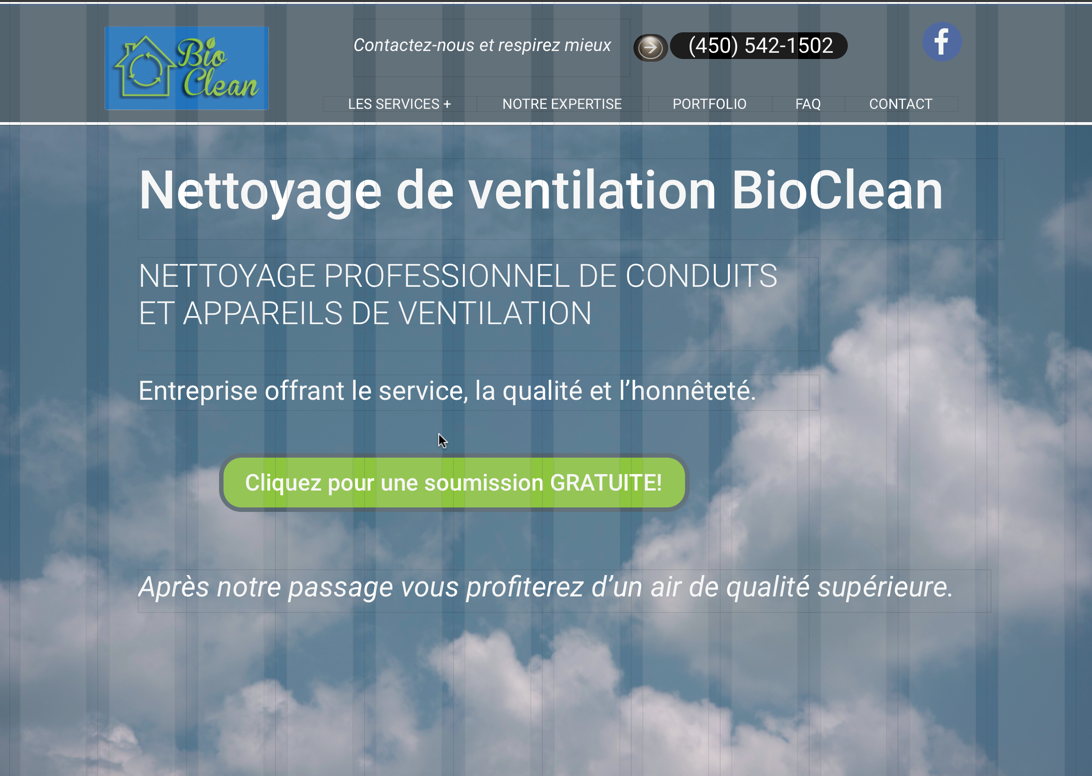 Site web de l'entreprise de nettoyage de conduits de ventilation Bio Clean.